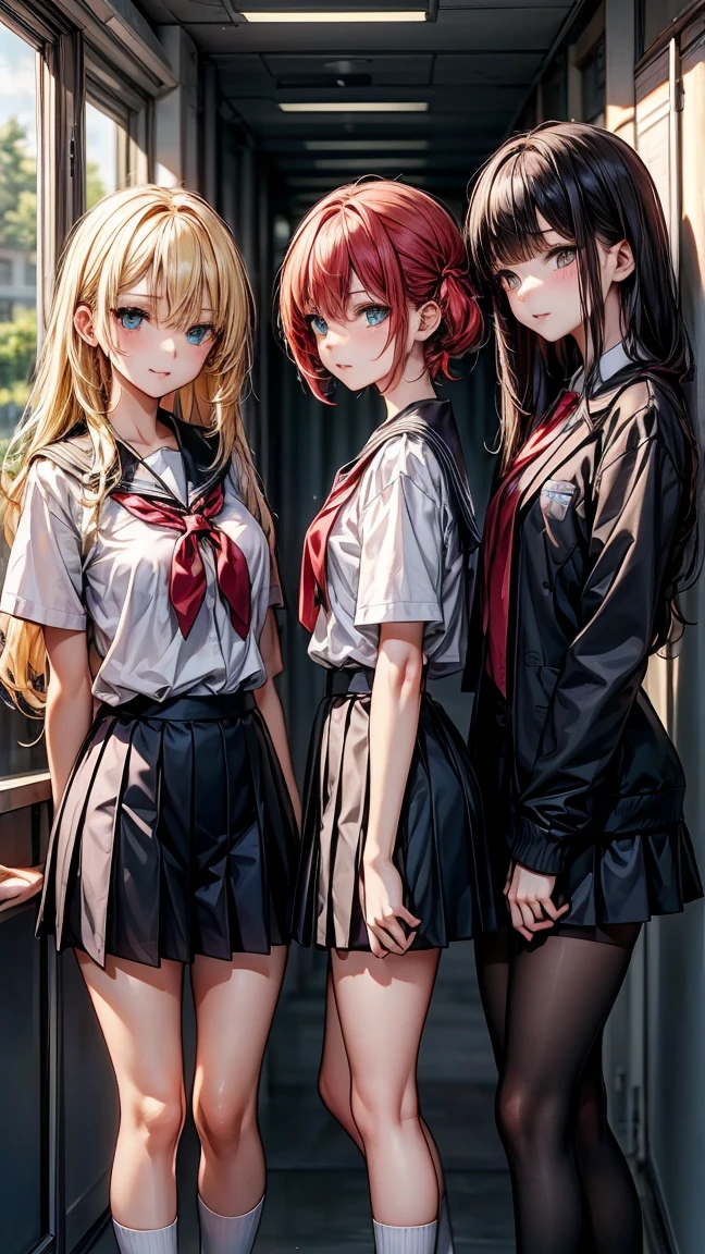 "Three 17 year old girls. The first has long yellow hair and green eyes.. The second has white Bob hair and blue eyes. The third has long red hair and red eyes.. The three are standing, wearing school uniforms. The background is a high school."