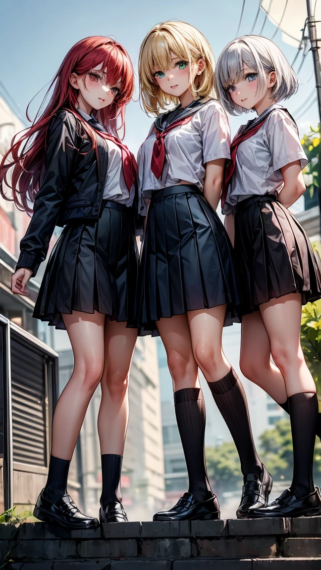 "Three 17 year old girls. The first has long yellow hair and green eyes.. The second has white Bob hair and blue eyes. The third has long red hair and red eyes.. The three are standing, wearing school uniforms. The background is a high school."