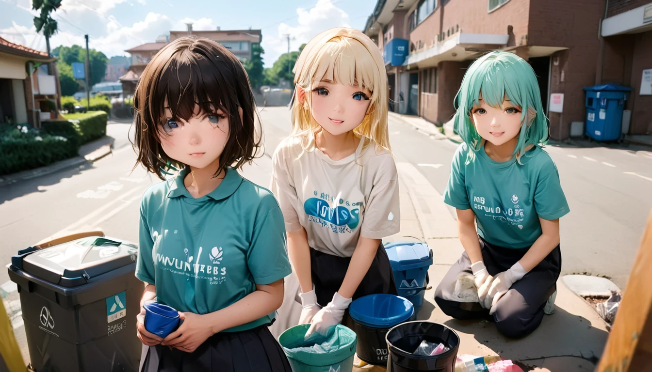 masterpiece, Highest quality, View your viewers,
Young people in their 20s placing solid waste containers in various locations.Volunteer Activities、A Kind World