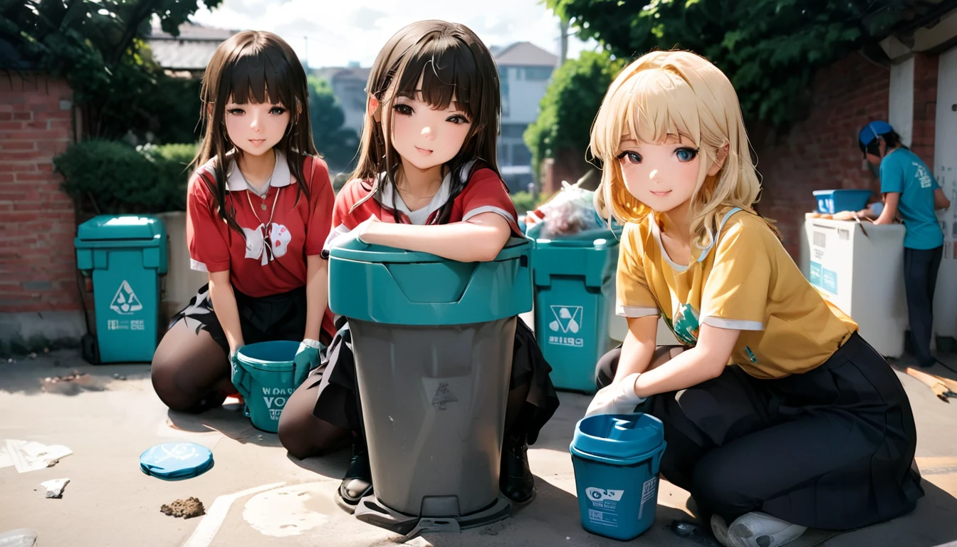 masterpiece, Highest quality, View your viewers,
Young people in their 20s placing solid waste containers in various locations.Volunteer Activities、A Kind World