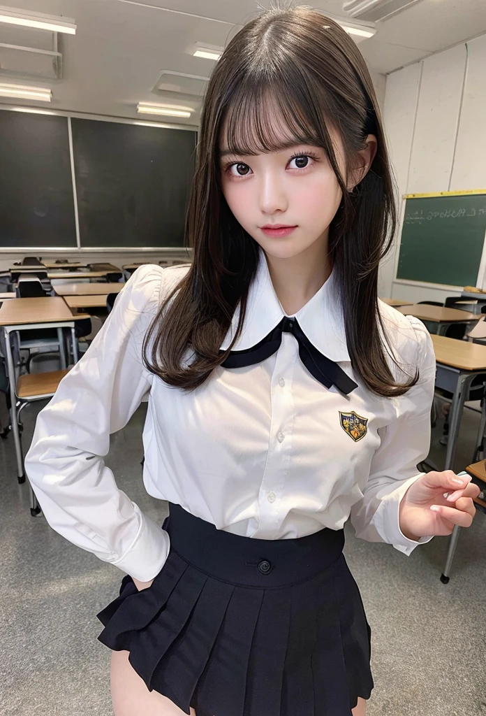 Highest quality, masterpiece, Ultra-high resolution, (Realistic: 1.4), RAW Photos, Dynamic Pose,((uniform)),Young,1 girl, Black Hair, Glowing Skin, classroom, Dramatic lighting, whole body, high school girl,(underwear)
