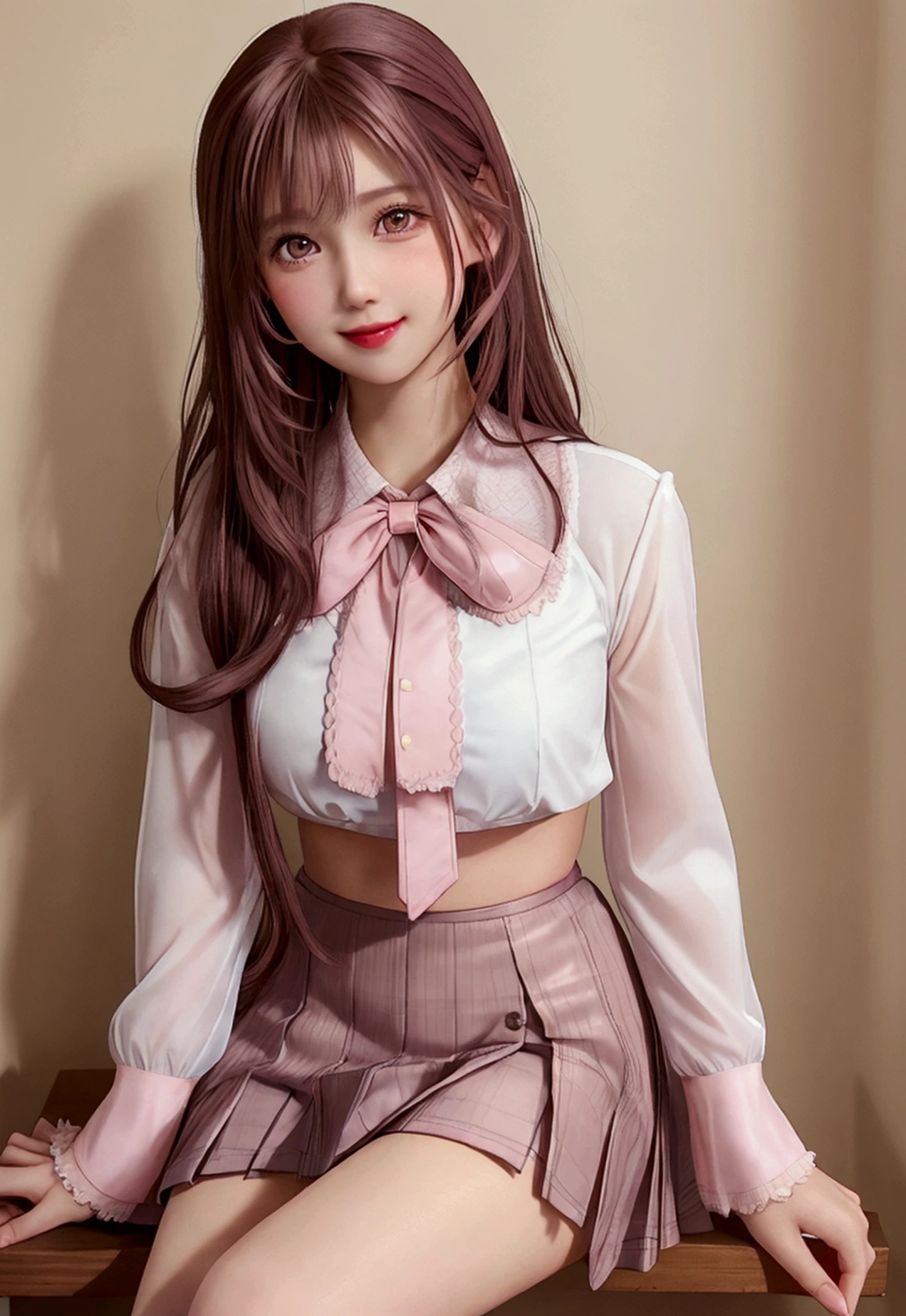 Highest quality,girl,high school girl,uniform,White blouse,White shirt,Pleated skirt,Knee-high,Brown and pink hair,Pink mesh hair,Brown eyes,cute,Sitting,Medium Hair,smile,Twin tails,