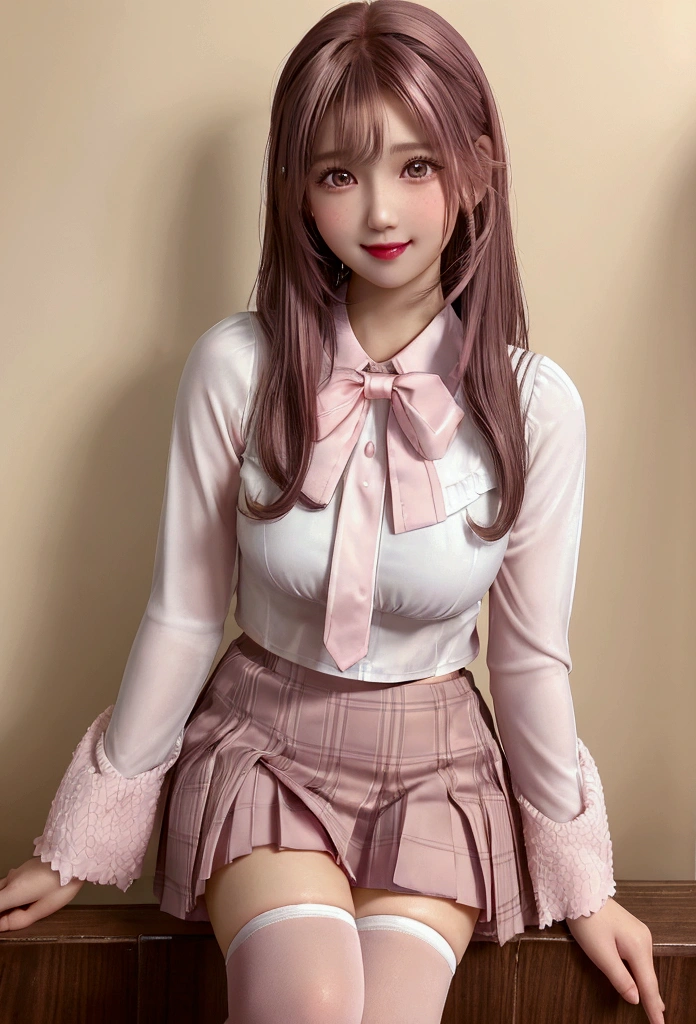 Highest quality,girl,high school girl,uniform,White blouse,Pleated skirt,Knee-high,Brown and pink hair,Pink mesh hair,Brown eyes,cute,Sitting,Medium Hair,smile,Pink lips,Pink Cheeks,