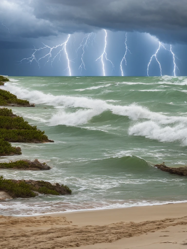 Storm coming off the Gulf of Mexico. Beach view. Lightning.