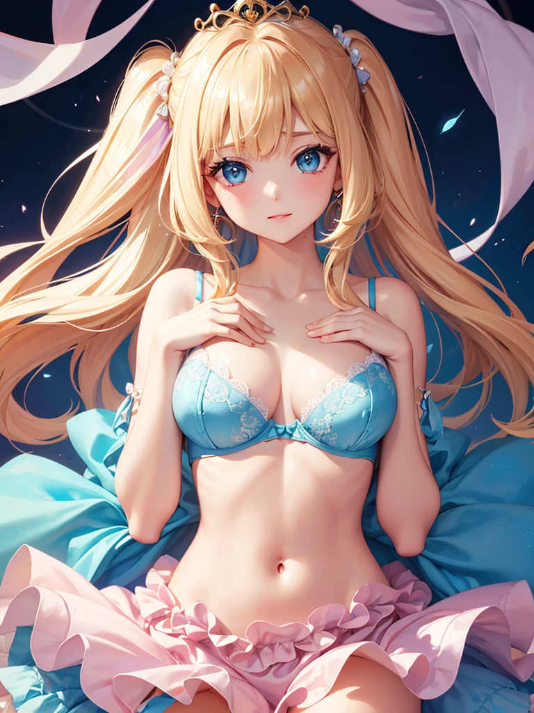 bare breasts、(satin、silk、(Blue bra))、Highest quality, Super Fine, 16K, Incredibly absurd, Very detailed, Beautiful and cute woman, shy, Big, bright eyes, Blonde double-sided princess hairstyle, Princess-like pink ruffled long flare skirt dress, Simple color background