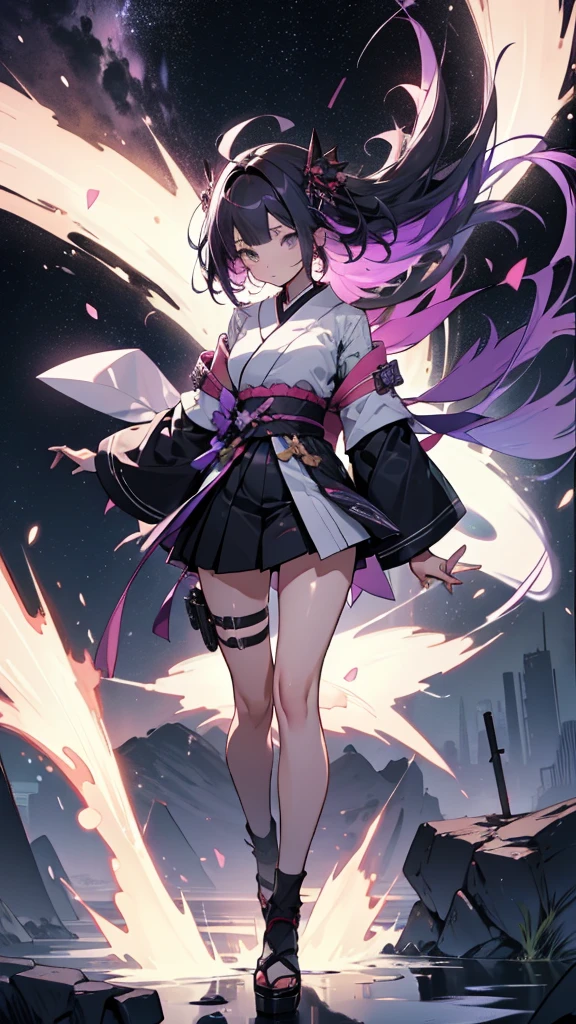 skinny girl, ultra high definition, very detailed, shuriken, shot, bundled hair, whole body, traditional Japanese outfit, short skirt, 23 years old, destroyed planet background, two tone hair (black, purple), Cheng'an, beautiful eyes