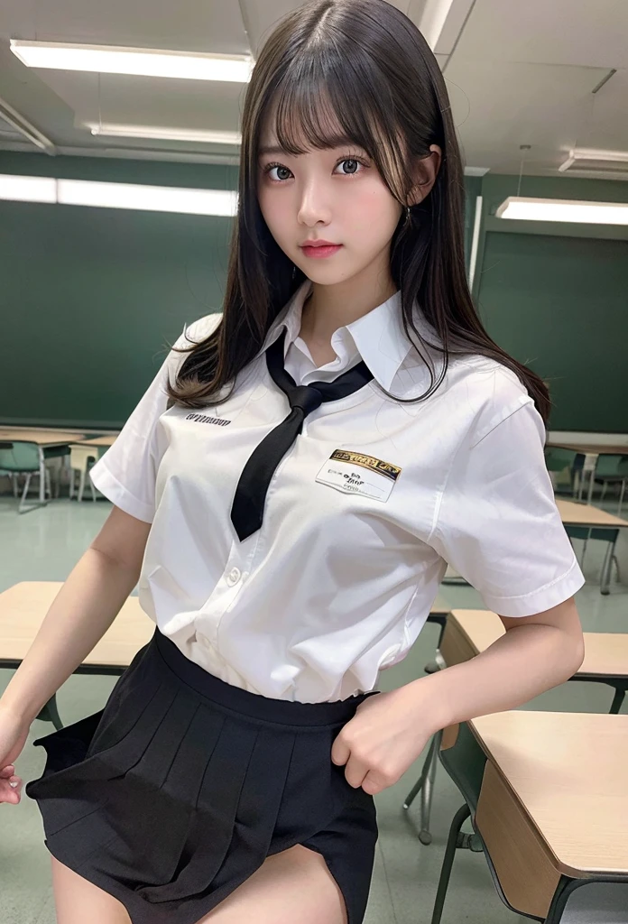 Highest quality, masterpiece,8k, Ultra-high resolution, (Realistic: 1.4), RAW Photos, Dynamic Pose,((uniform)),Young,1 girl, Black Hair, Glowing Skin, classroom, Dramatic lighting, whole body, high school girl,（underwear）