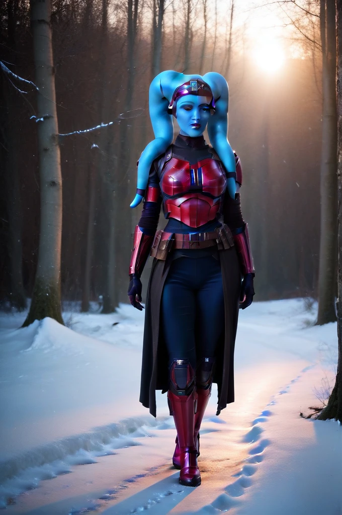 a ((fall body)) ((female twi'lek ))mandalorian,walking on snow, beautiful detailed eyes, beautiful detailed lips, extremely detailed face, long eyelashes, mandalorian armor, sci-fi, cinematic lighting, dramatic, epic, intricate details, hyper-realistic, 8k, high-quality, photorealistic