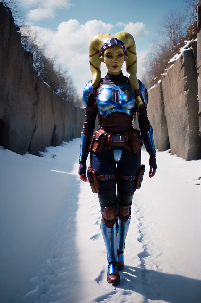 a ((fall body)) ((female twi'lek ))mandalorian,walking on snow, beautiful detailed eyes, beautiful detailed lips, extremely detailed face, long eyelashes, mandalorian armor, sci-fi, cinematic lighting, dramatic, epic, intricate details, hyper-realistic, 8k, high-quality, photorealistic
