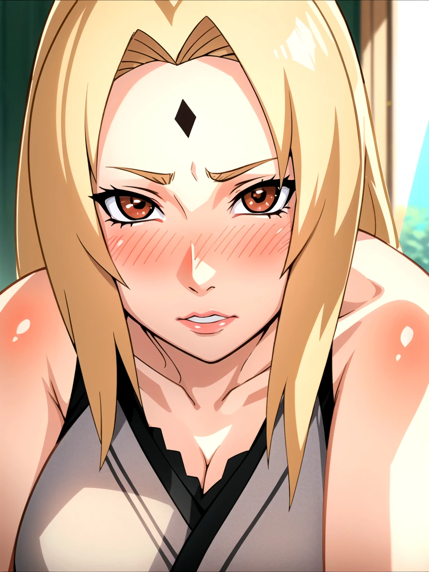 portrait, Solitary focus, Solitary, close up, Looking at the audience, (Open your mouth:1.2), (Sunlight, bright, Sunlight:1.2),((Tsunade)), 1 girl,1 boy ,((Tsunade milf physique)),(Imprint on the forehead ), Long hair, Blonde Hair,  Eye,Hairpin, Eye, Smile, From the front,(Pose in the office), Huge pelvis and thick legs,((Clear details HD body parts perfect body parts )),(((Blush Lush Blush Nose Blush Face Blush ))),(Sad expression),((1 girl)),(Solitary), (Black lace underwear), ((Front view)),((The distance between viewers is very far)),((permanent))