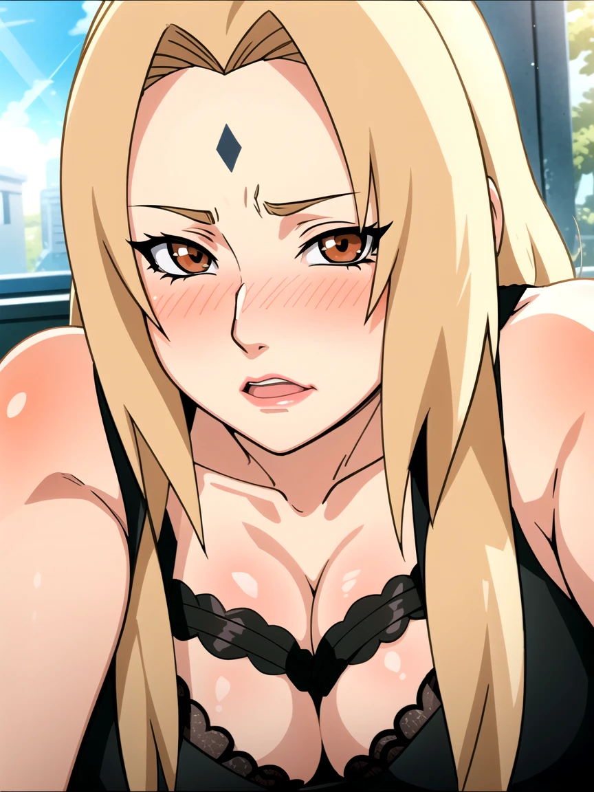 portrait, Solitary focus, Solitary, close up, Looking at the audience, (Open your mouth:1.2), (Sunlight, bright, Sunlight:1.2),((Tsunade)), 1 girl,1 boy ,((Tsunade milf physique)),(Imprint on the forehead ), Long hair, Blonde Hair,  Eye,Hairpin, Eye, Smile, From the front,(Pose in the office), Huge pelvis and thick legs,((Clear details HD body parts perfect body parts )),(((Blush Lush Blush Nose Blush Face Blush ))),(Sad expression),((1 girl)),(Solitary), (Black lace underwear), ((Front view)),((The distance between viewers is very far)),((permanent))