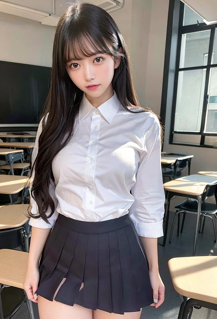 
Highest quality, masterpiece,8k, Ultra-high resolution, (Realistic: 1.4), RAW Photos, Dynamic Pose,((uniform)),Young,1 girl, Black Hair, Glowing Skin, classroom, Dramatic lighting, whole body, high school girl,（underwear）