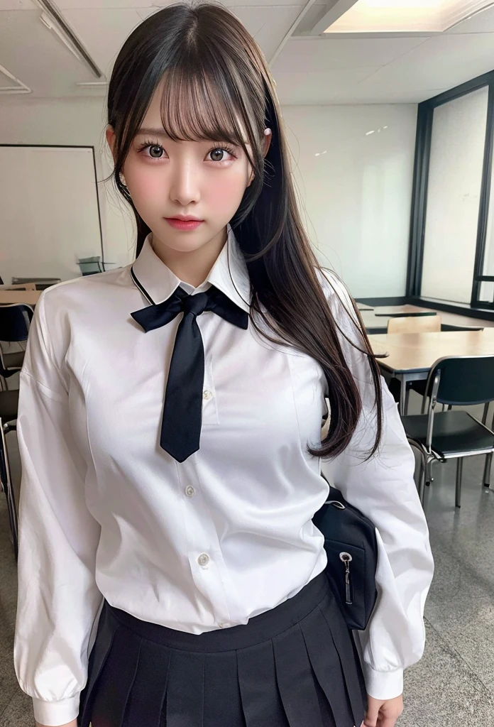 Highest quality, masterpiece,8k, Ultra-high resolution, (Realistic: 1.4), RAW Photos, Dynamic Pose,((uniform)),Young,1 girl, Black Hair, Glowing Skin, classroom, Dramatic lighting, whole body, high school girl,(underwear)