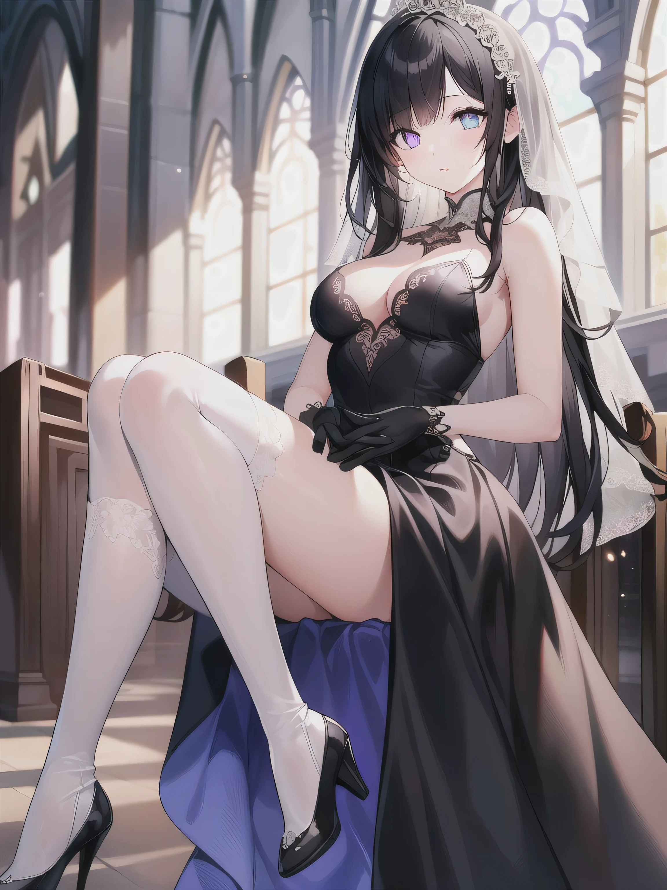 A girl,,Long hair, bangs, black hair, Hair between the eyes, Purple Eyes:(1.5), (Medium breasts:1.2),
rest clavicle, Wedding dress,veil,wedding,Black dress,Flowers,dress,Black socks,Black knee socks,Black gloves,Long boots,Cleavage,
Looking at the audience, whole body, Open your mouth,lol,
indoors, church,permanent,permanent,Micro lol,With one eye closed,
rest (masterpiece:1.2), best quality, high resolution, 8k wallpaper, (illustration:0.8), (Beautiful and delicate eyes:1.6), Extremely detailed face, Perfect lighting, Extremely detailed CG, (Perfect hands, Perfect anatomical structure),