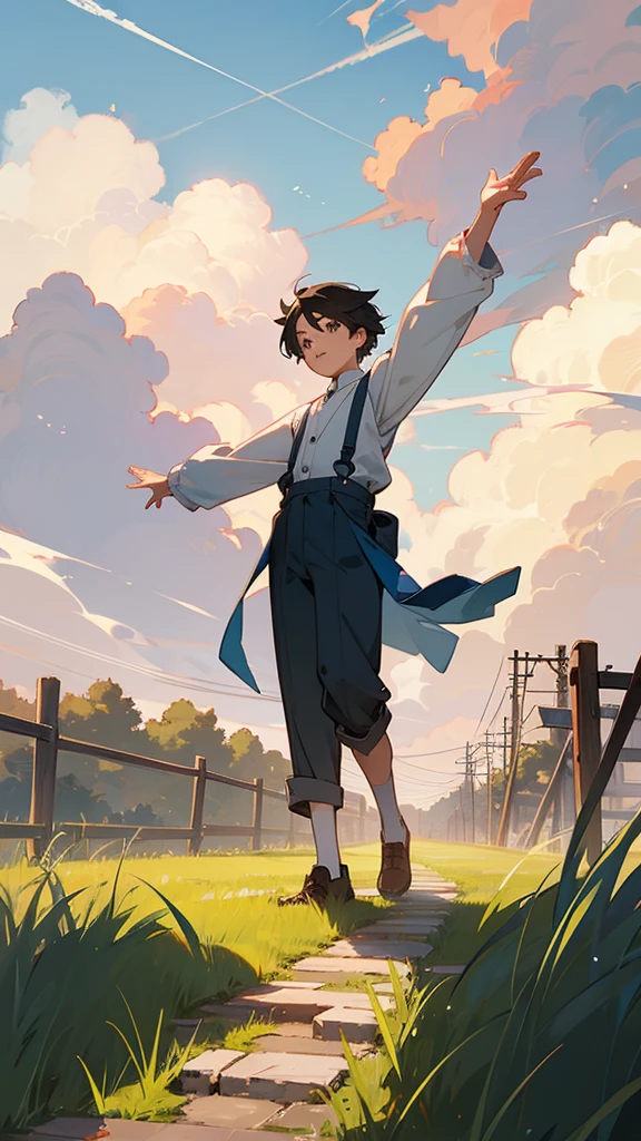 Young people、Standing on a narrow path between a grass field and a brick wall、Please draw him with his arms outstretched as if for balance.。The sky was clear and、Clouds are floating here and there。There is a utility pole on the left side of the road.。The overall atmosphere is、Give it a sense of suburban freedom and tranquility。