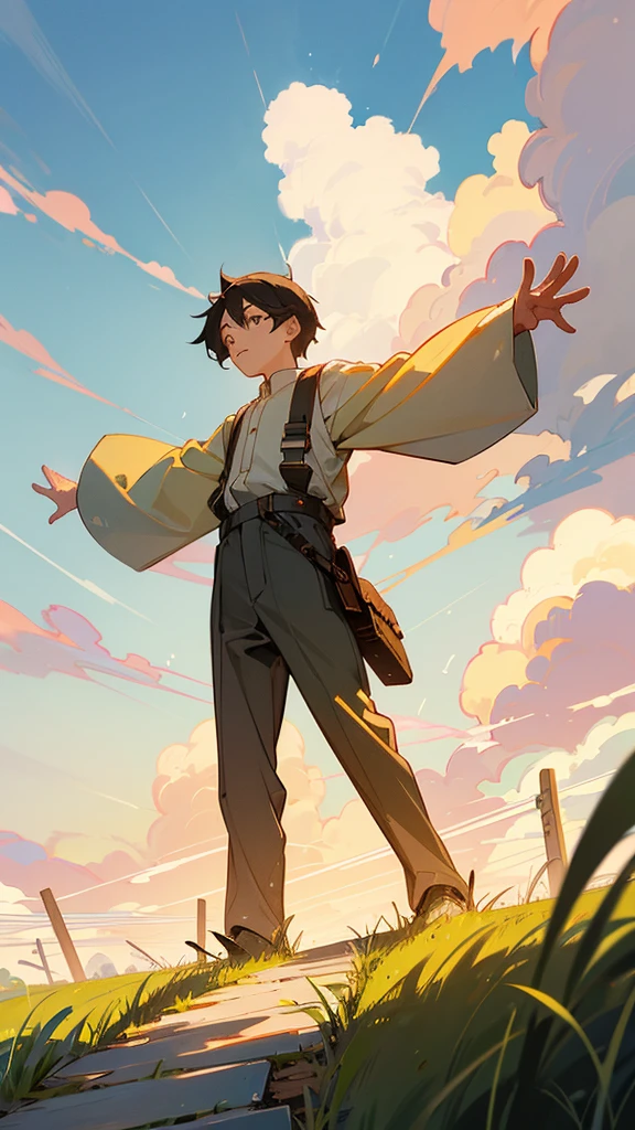 Young people、Standing on a narrow path between a grass field and a brick wall、Please draw him with his arms outstretched as if for balance.。The sky was clear and、Clouds are floating here and there。There is a utility pole on the left side of the road.。The overall atmosphere is、Give it a sense of suburban freedom and tranquility。