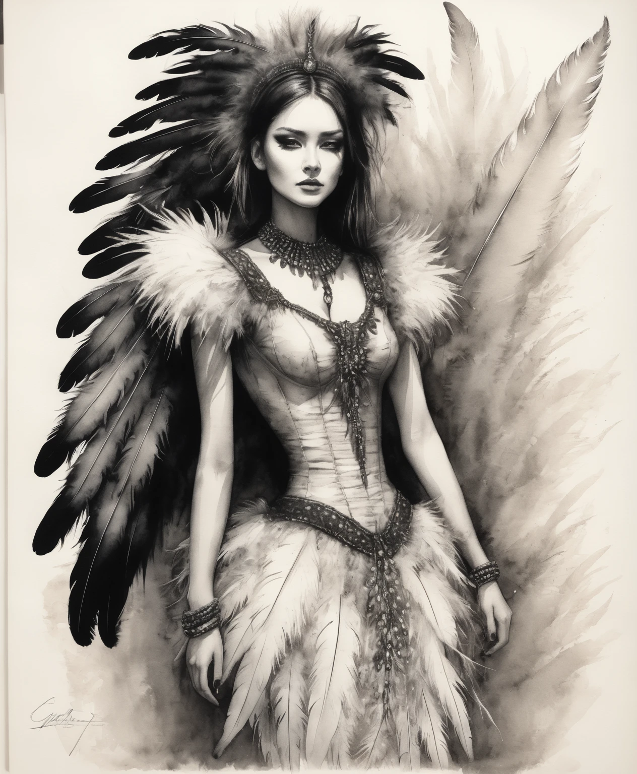 a drawing of a woman holding a backbone spine, girl with feathers, she has feathers, wearing a feather dress, feather, feathers growing from arms, made of feathers, feathers, old sketch, a sketch, feather-adorned, dress made of feathers, feather suit, inspired by Stephen Gammell, ink pen sketch, inspired by Karl Bodmer