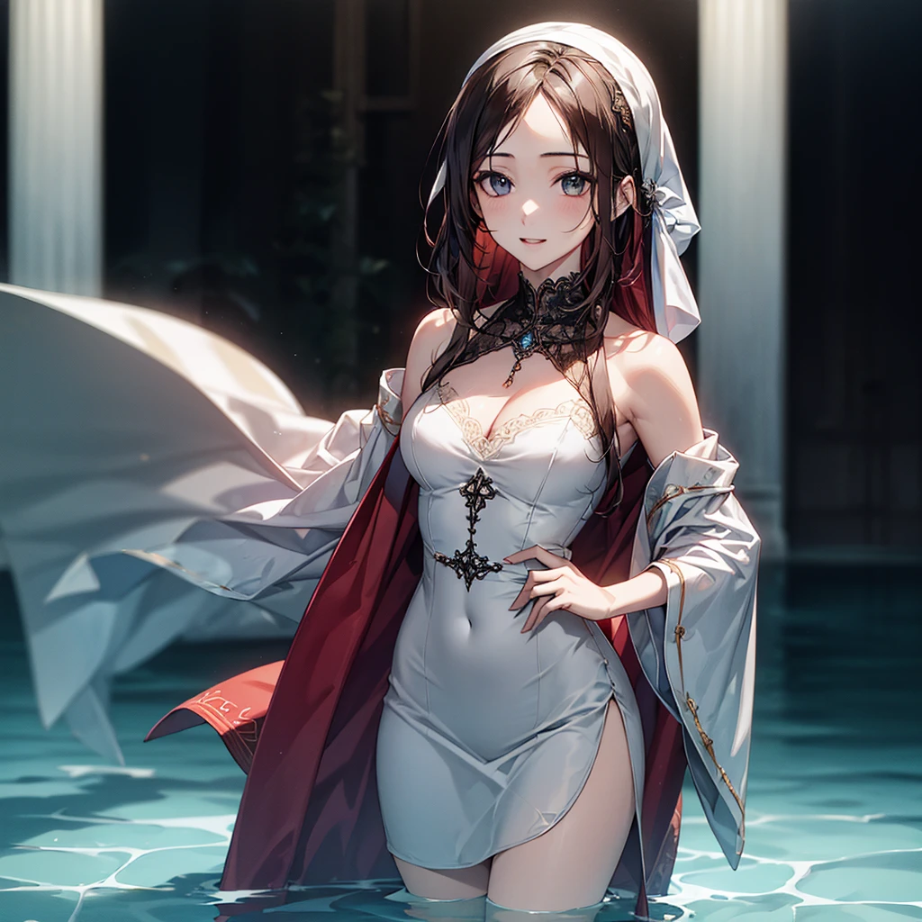 (Biologically correct limb count)、(Full body, including face)、4K、masterpiece、Focus on the face、Well-proportioned facial features、Delicate descriptive eyes、Beautiful woman、Excellent style、(head band、red gothic dress、High heels)、(smile)、(Close-up photo of the upper body)、look up、Photos with white borders、Looking into the camera、Standing on the surface of the water、