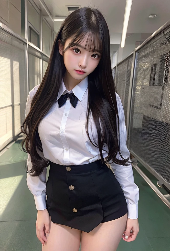 Highest quality, masterpiece,8k, Ultra-high resolution, (Realistic: 1.4), RAW Photos, Dynamic Pose,((uniform)),Young,1 girl, Black Hair, Glowing Skin, classroom, Dramatic lighting, whole body, high school girl,(underwear)