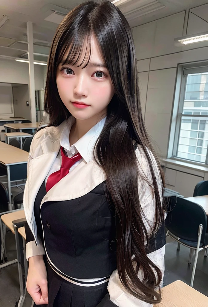 Highest quality, masterpiece,8k, Ultra-high resolution, (Realistic: 1.4), RAW Photos, Dynamic Pose,((uniform)),Young,1 girl, Black Hair, Glowing Skin, classroom, Dramatic lighting, whole body, high school girl,(underwear)