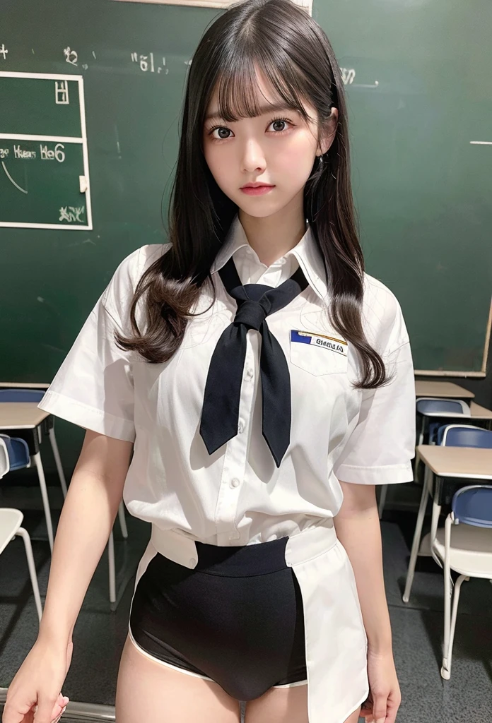 Highest quality, masterpiece,8k, Ultra-high resolution, (Realistic: 1.4), RAW Photos, Dynamic Pose,((uniform)),Young,1 girl, Black Hair, Glowing Skin, classroom, Dramatic lighting, whole body, high school girl,（underwear）