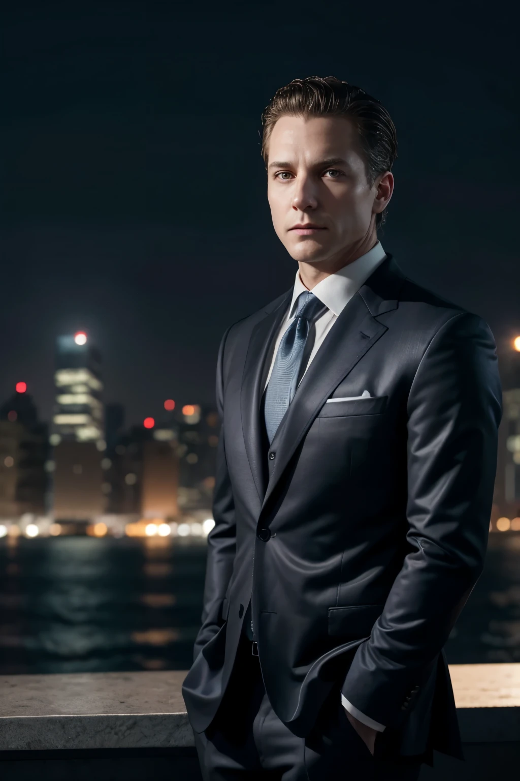 45 year old man looking like Harvey Specter in a suit. Night city in the background.