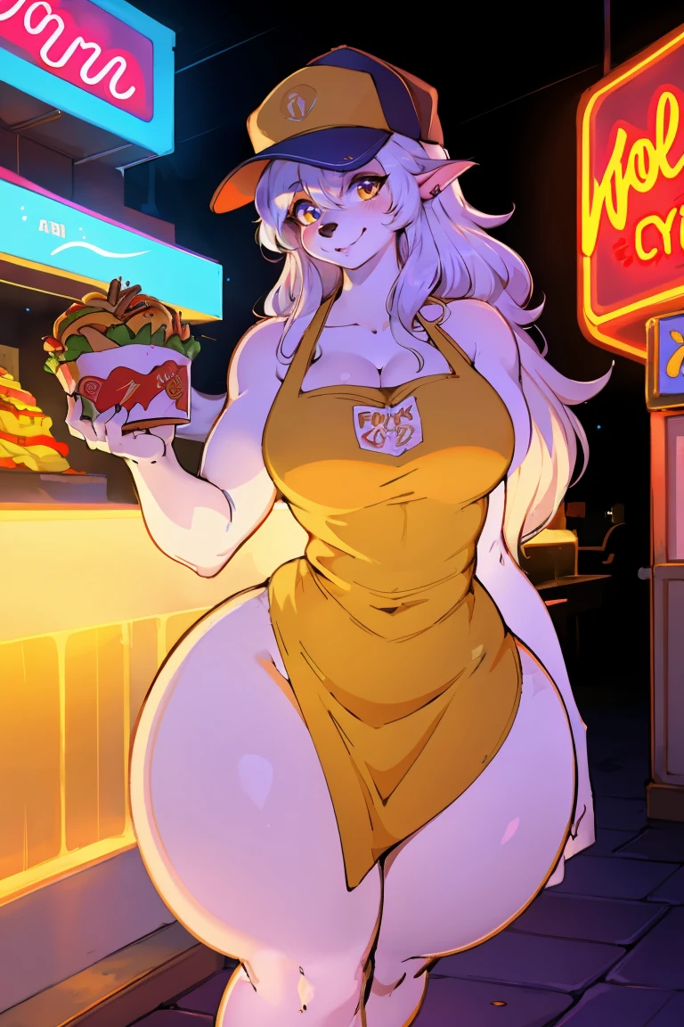 furry_girl,mature female,Lovely,Wolf_girl,Fast Food Worker,The graceful figure,Height 193 cm,Model figure_type,detailed_Eye,silver_hair,Lovely_ear,messy uniform, apron, hat, fry basket, greasy fast food, bright lights, neon signs, modern fast food restaurant interior, cinematic lighting, dramatic shadows, warm color tones,Smile,(front:1.5),(hairy:1.5),Long eyelashes,Flowing chiffon,Well-proportioned body,(Thick thighs:1.1),Perfectly detailed facial features,(perfect detailed Eye:1.5),silky long hair,masterpiece, best quality, Ultra-high quality, Ridiculous details,(best quality,4K,8K,high resolution,masterpiece:1.2),ultra-detailed (curvy body: 2.0) showing body 