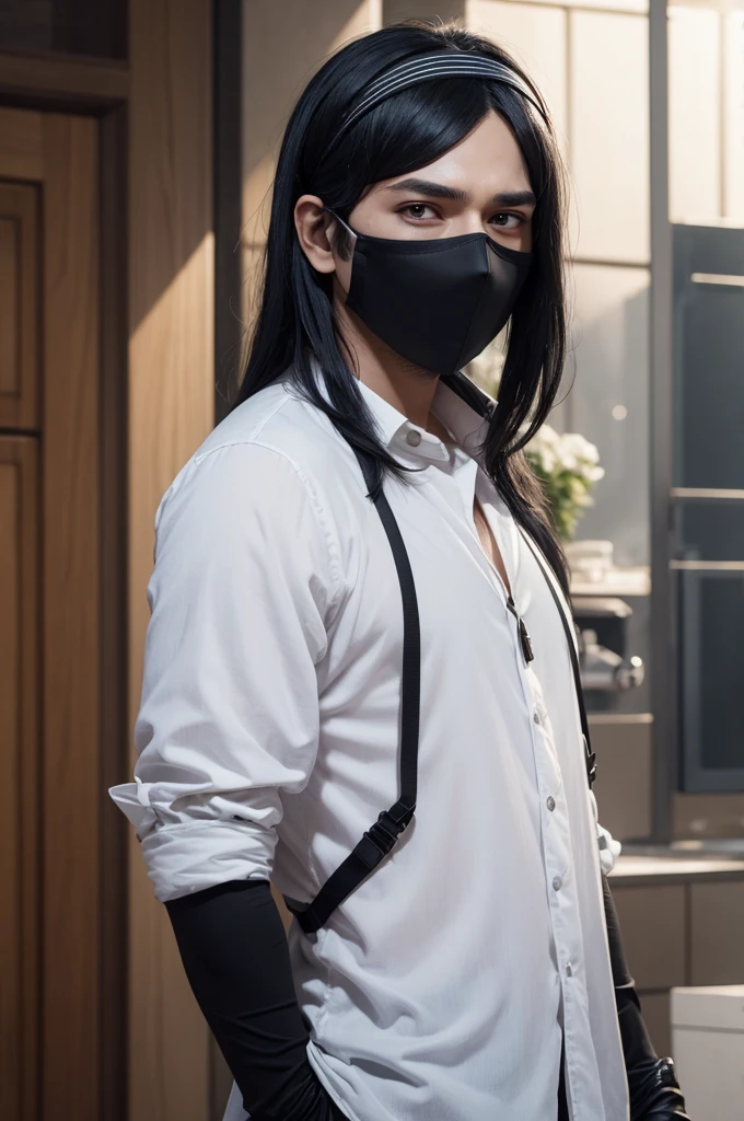 A free fire character with black hairband white blouse black eyes black mask male hairband