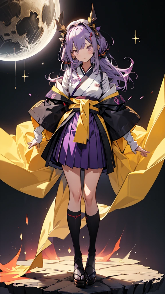 skinny girl, ultra high definition, very detailed, shuriken, shot, bundled hair, whole body, traditional Japanese outfit, short skirt, 23 years old, destroyed planet background, two tone hair (black, purple), Cheng'an, beautiful eyes, golden ratio