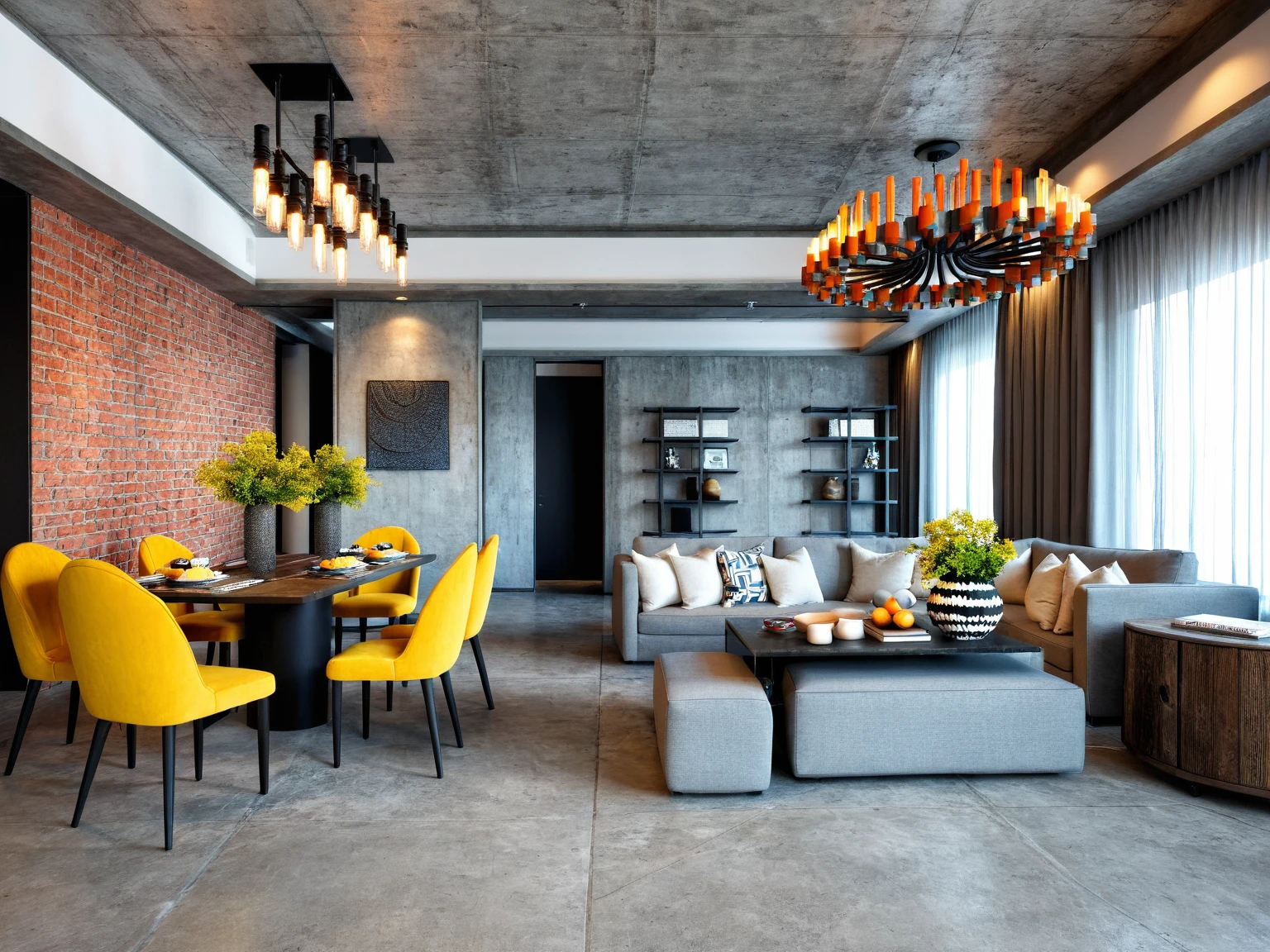 Raw photo, Masterpiece, high quality, best quality, authentic, super detail,
Industrial,
Draws inspiration from raw, unfinished spaces like warehouses or lofts, Exposed brick walls, metal accents, and statement lighting create a dramatic and edgy feel,
This style thrives on a cool and neutral palette with grays, blacks, and browns forming the foundation, Pops of color can be introduced with pops of red, yellow, or turquoise for a touch of vibrancy, Reclaimed wood and concrete accents further enhance the industrial aesthetic,