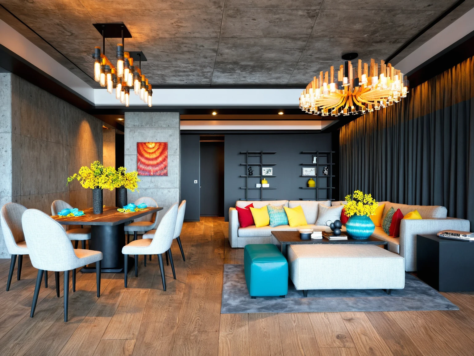 Raw photo, Masterpiece, high quality, best quality, authentic, super detail,
Industrial,
Draws inspiration from raw, unfinished spaces like warehouses or lofts, Exposed brick walls, metal accents, and statement lighting create a dramatic and edgy feel,
This style thrives on a cool and neutral palette with grays, blacks, and browns forming the foundation, Pops of color can be introduced with pops of red, yellow, or turquoise for a touch of vibrancy, Reclaimed wood and concrete accents further enhance the industrial aesthetic,