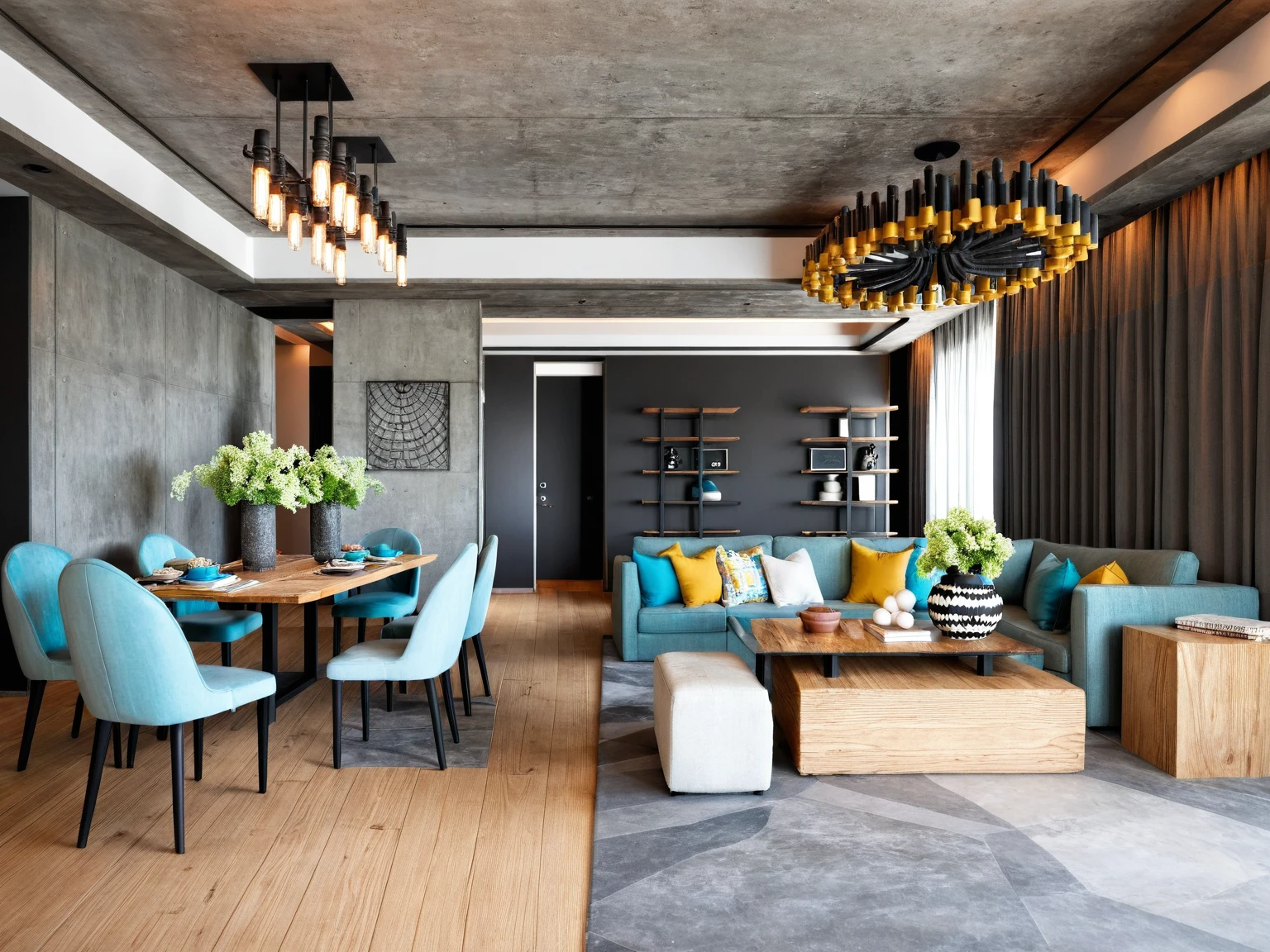 Raw photo, Masterpiece, high quality, best quality, authentic, super detail,
Industrial,
Draws inspiration from raw, unfinished spaces like warehouses or lofts, Exposed brick walls, metal accents, and statement lighting create a dramatic and edgy feel,

This style thrives on a cool and neutral palette with grays, blacks, and browns forming the foundation, Pops of color can be introduced with pops of red, yellow, or turquoise for a touch of vibrancy, Reclaimed wood and concrete accents further enhance the industrial aesthetic,