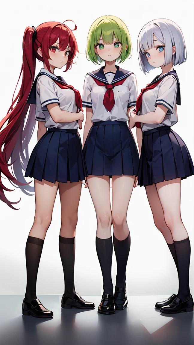 "Three  girls. The first has long yellow hair and green eyes.. The second has white Bob hair and blue eyes. The third has long red hair and red eyes.. The three are standing, wearing school uniforms. The background is a high school."