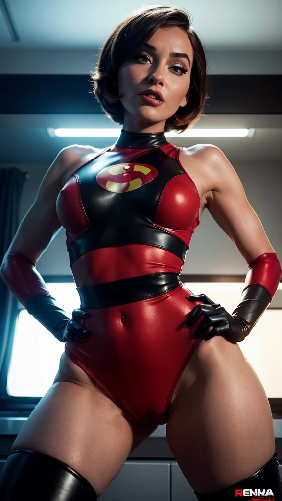(Magazine cover: Elastigirl Nude!) Helen Parr, elastigirl, vagina:1.3, location is superhero lair, short bob haircut, auburn hair, big round ass, bubble ass, view from front, view from below, red and black outfit, black thigh high boots, shiny, bare breasts:1.4, glamour makeup, retro futuristic, 1950 style, sci-fi, visible breasts, visible nipples:1.4, she is almost naked, ultra detailed, perfect face, perfect skin texture, depth of colour to her eyes, dynamic lighting, volumetric lighting, 8k, visible vagina:1.5