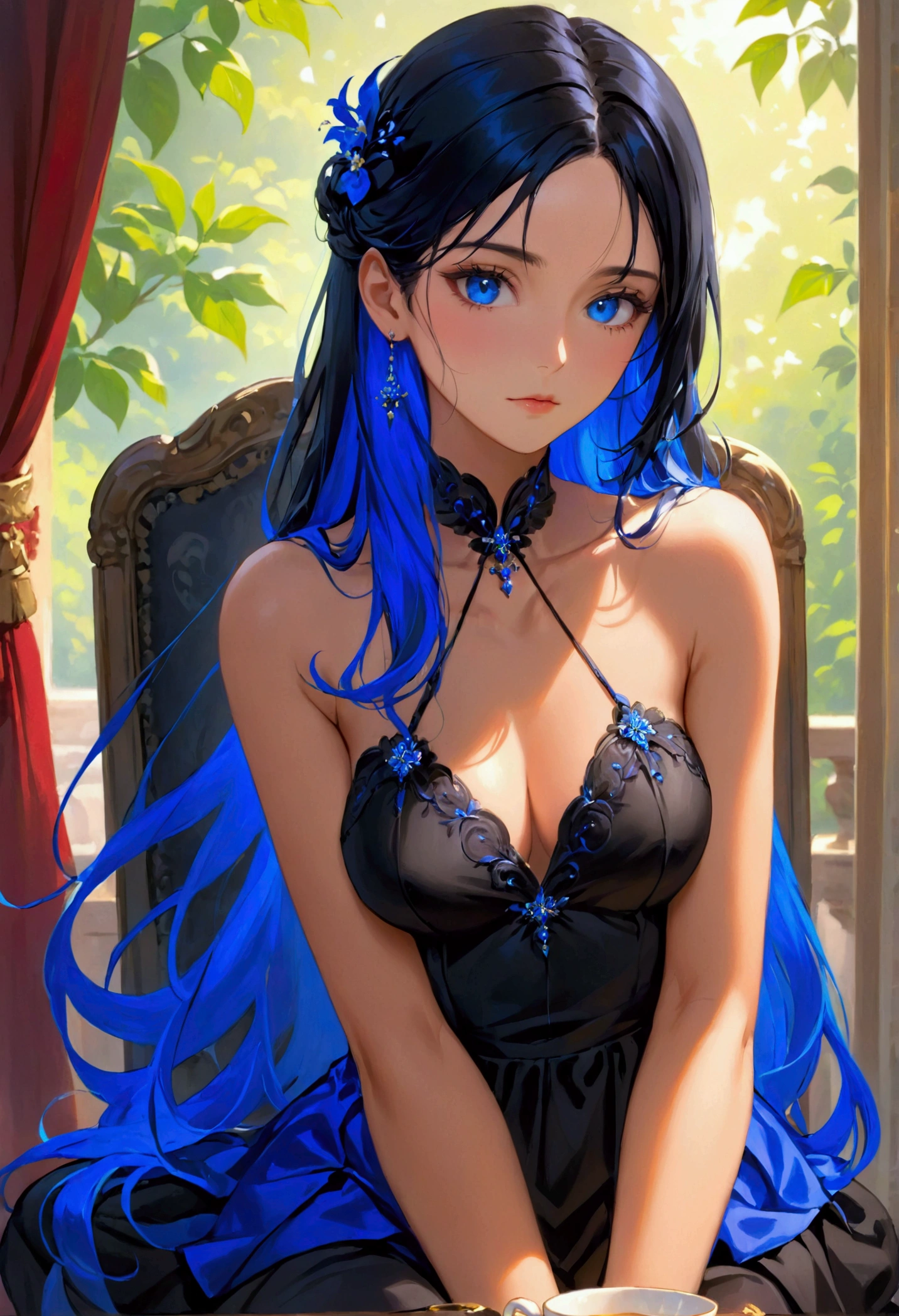 Adult female,long black hair with inner dark blue hair, dark blue eyes,athletic body, elegant black dress, noble lady,sitting, drinking tea