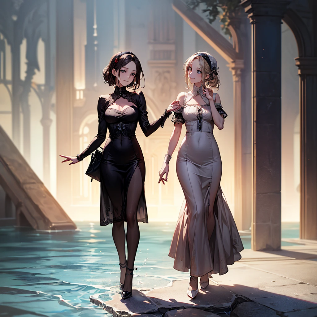 (emo album cover art), maximum exposure photo of an 18 year-old voluptuous dark-skinned Italian bride in a long flowing strapless off-shoulder lace wedding gown with very low neckline, sitting on marble staircase, huge plump breasts covered and sfw, diamond choker, flowers in hair, glowing skin, very well-lit face, extremely intense makeup, sexy and glamorous