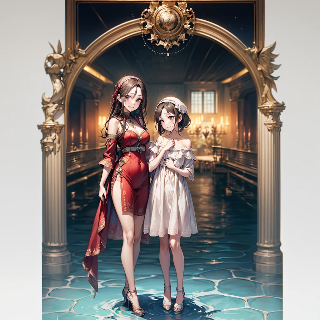 (Biologically correct limb count)、(Full body, including face:2)、4K、masterpiece、Focus on the face、Well-proportioned facial features、Delicate descriptive eyes、Beautiful woman、Excellent style、(head band、red gothic dress、High heels)、(smile)、(Close-up photo of the upper body)、look up、Photos with white borders、Looking into the camera、Standing on the surface of the water、