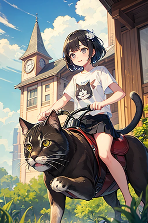 Highest quality、Black Hair、Iris、short hair、girl、cute、16 years old、、Small hair ornament、1 person、T-shirt and mini skirt、Big cat、Riding on a cat&#39;s back、Petting a cat、Happy expression