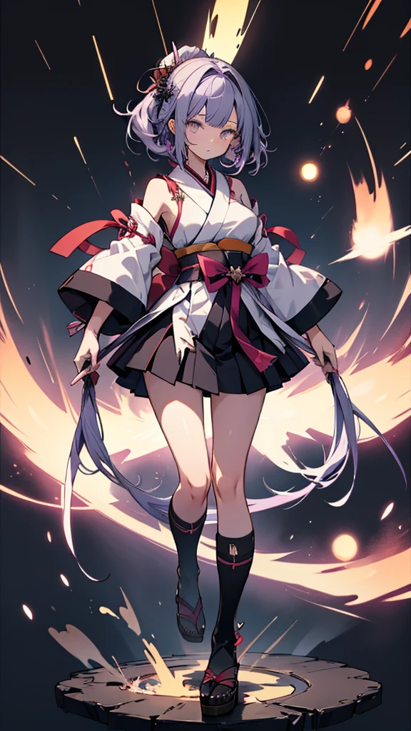 skinny girl, ultra high definition, very detailed, shuriken, shot, bundled hair, whole body, traditional Japanese outfit, short skirt, 23 years old, destroyed planet background, two tone hair (black, purple), Cheng'an, beautiful eyes, long torso