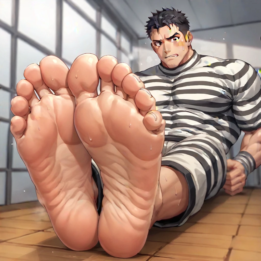 ，，Handsome muscular，Shirtless，Baldhead英俊男人微笑着双手背在背后，Feet tied to fallen logs，Wearing black and white striped clothes，Tickle the ribs，Feet tickled by hands prison background，Foot Focus，prisoner，Sweating on the soles of the feet，Baldhead