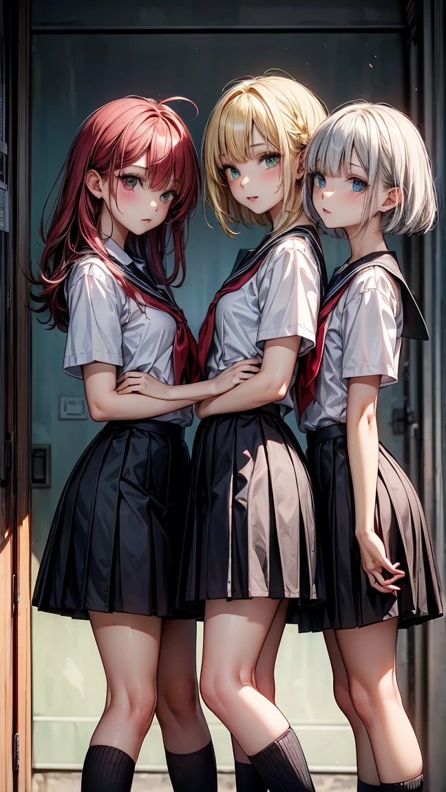 "Three 17 year old girls. The first has long yellow hair and green eyes.. The second has white Bob hair and blue eyes. The third has long red hair and red eyes.. The three are standing, wearing school uniforms. The background is a high school."
