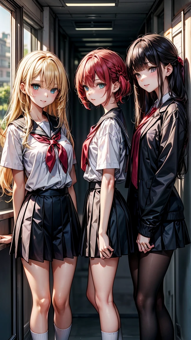 "Three 17 year old girls. The first has long yellow hair and green eyes.. The second has white Bob hair and blue eyes. The third has long red hair and red eyes.. The three are standing, wearing school uniforms. The background is a high school."