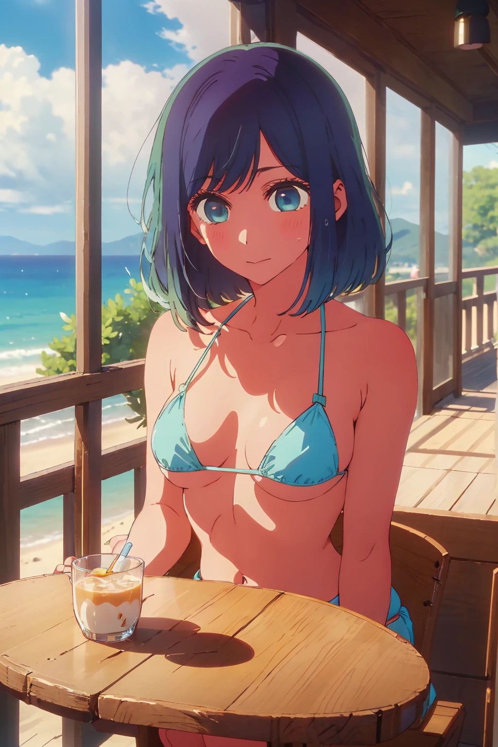 (Highest quality:1.4、masterpiece:1.4、Super detailed:1.4、8k:1.4)、((((1 person、Surprised expression、sit、Cafe Terrace、coastal、juice、table、Sandy Beach、juiceのグラスを持つ、Micro Bikini、Very soft 、Big eyes、Very cute face))))、(big Areolas protrude from micro bikini:1.4)、F cup bust、Medium breast、Underboob