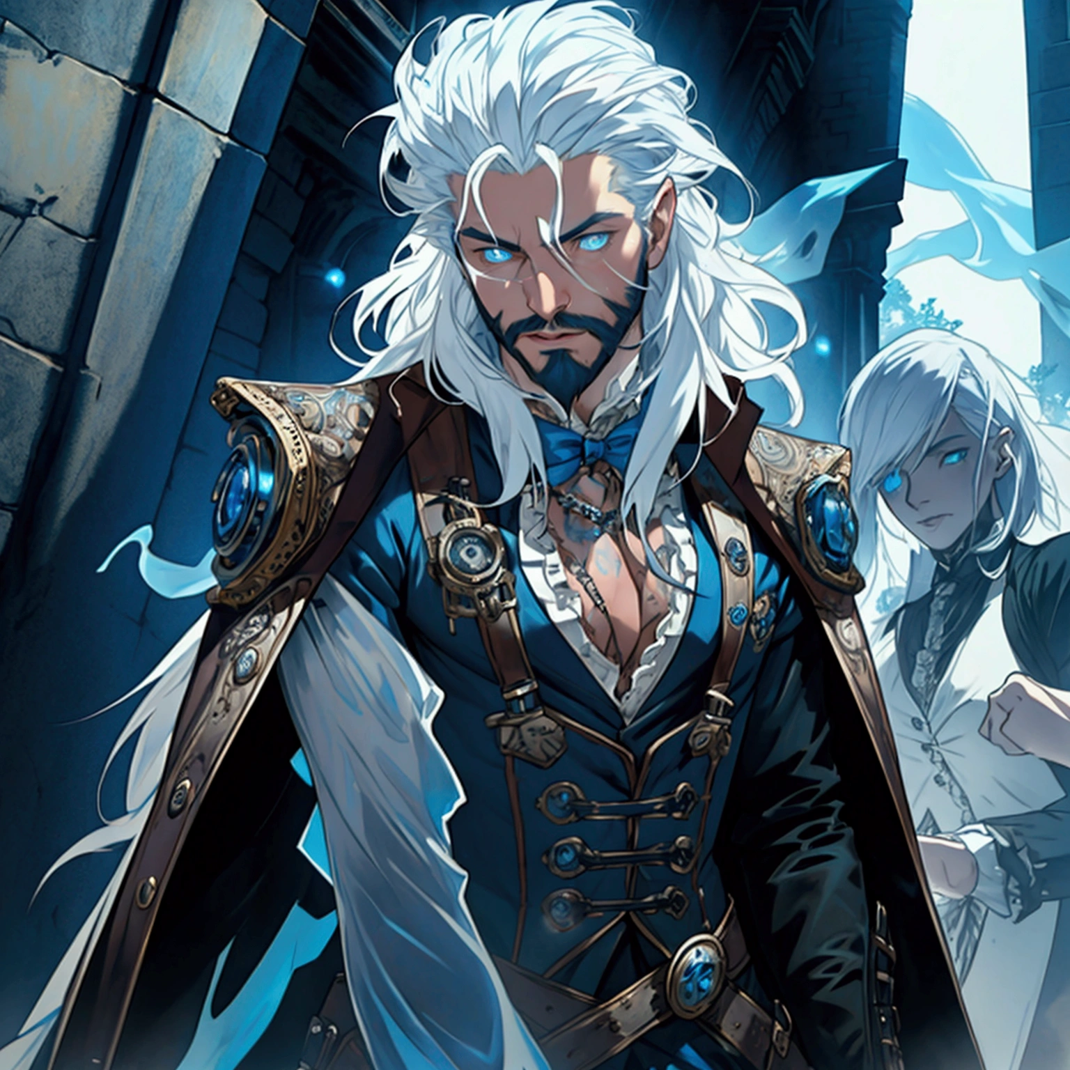 a sexy athletic lithe male with long white hair and a scruffy beard, glowing blue eyes and a ghostly look to him, wearing a steampunk inspired victorian outfit, transparent flesh, ghost flesh, photo realistic, masterpiece, showing chest