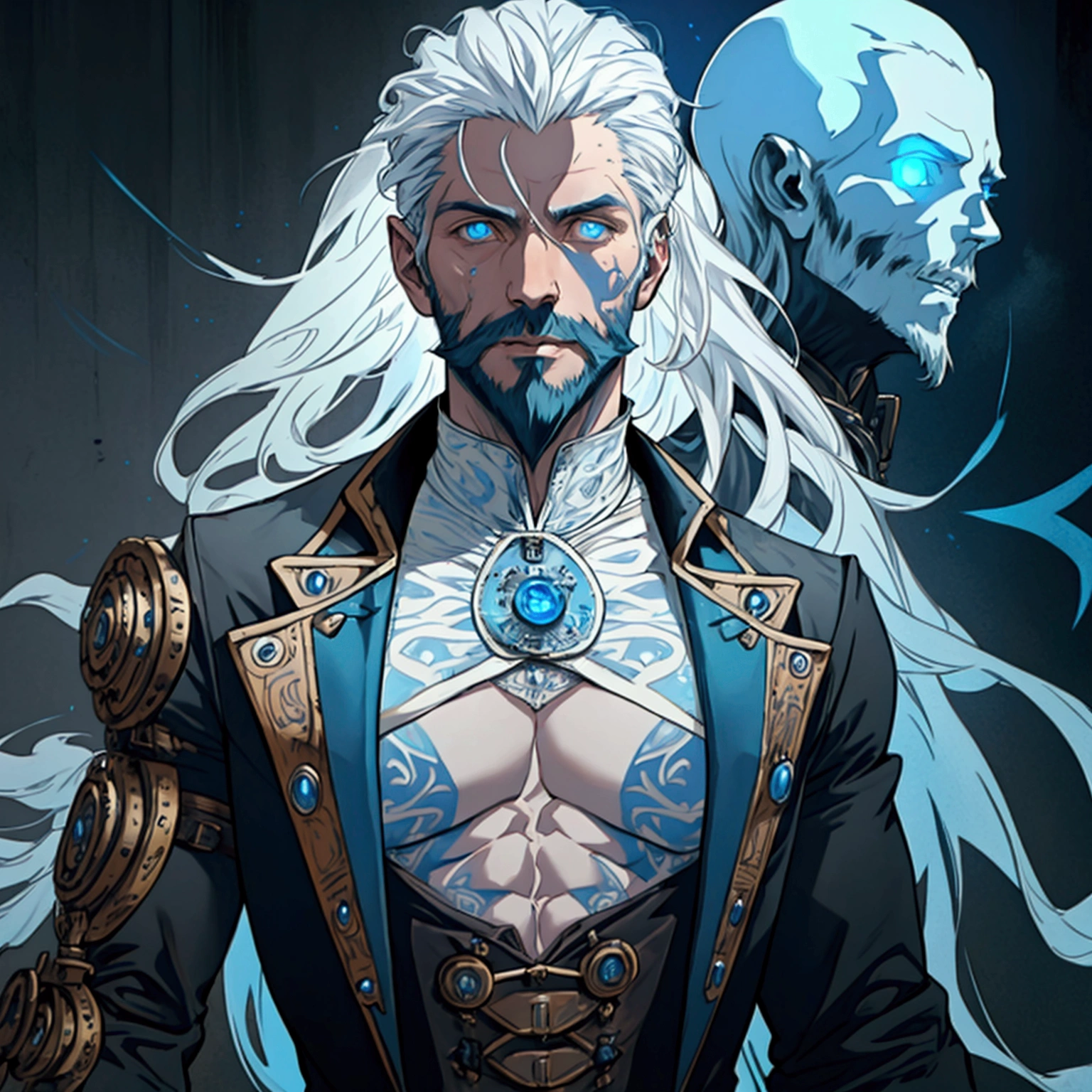 a sexy athletic lithe male with long white hair and a scruffy beard, glowing blue eyes and a ghostly look to him, wearing a steampunk inspired victorian outfit, transparent flesh, ghost flesh, photo realistic, masterpiece, showing chest