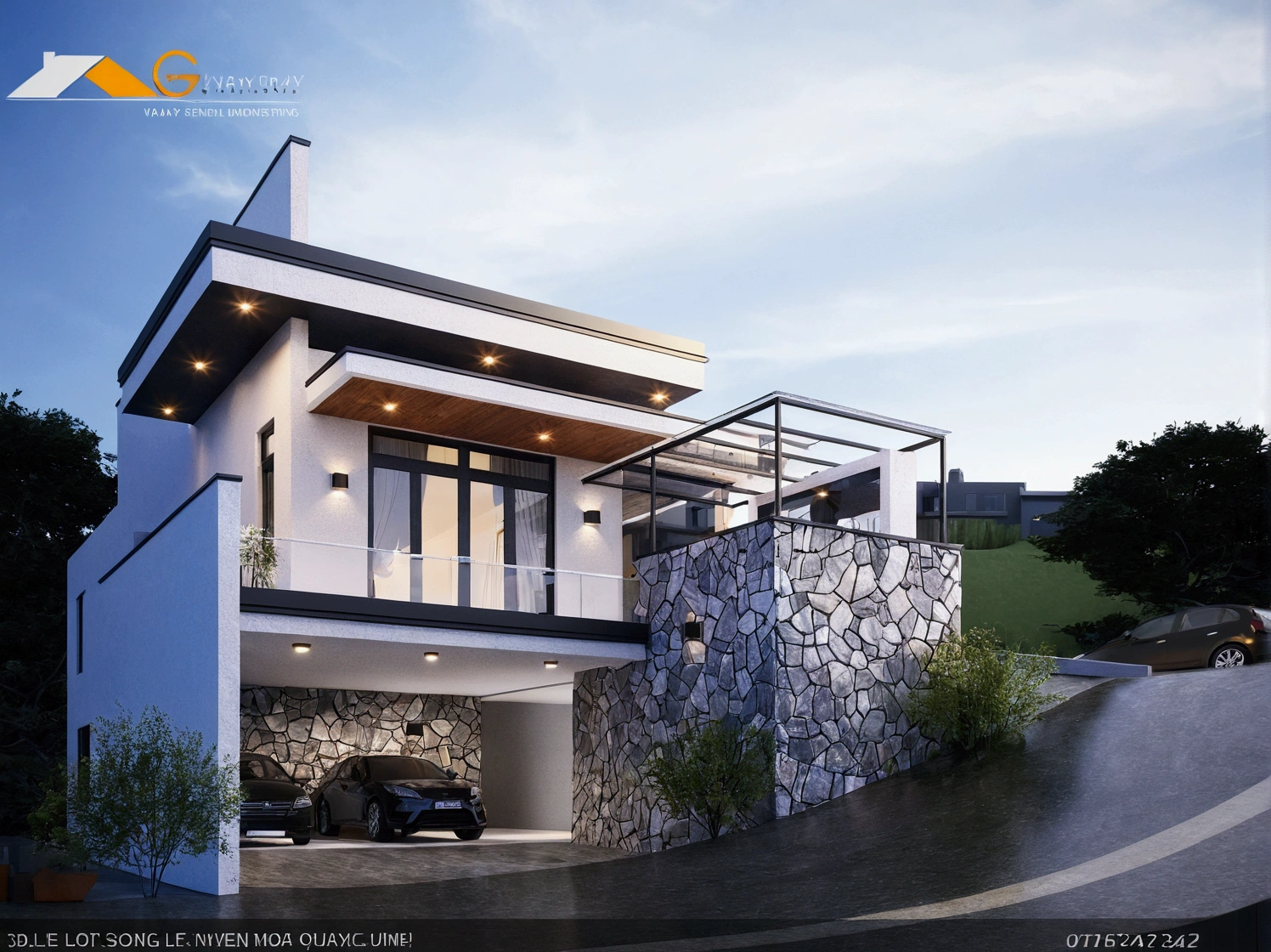 arafed view of a modern house with a car parked in front, concept house, contemporary house, 3 d vray render, vray render, v - ray render, v-ray render, very realistic render, render vray, realistic render, lumion render, render in vray, very realistic 3 d render, vray rendering