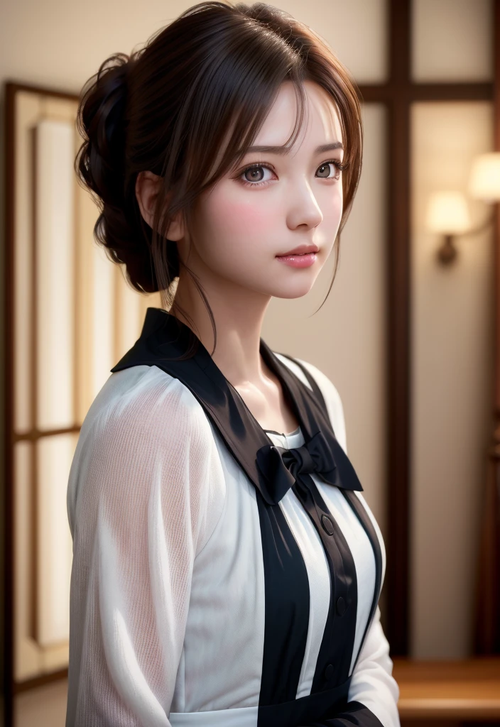 8K, of the highest quality, masutepiece:1.2), (Realistic, Photorealsitic:1.37), of the highest quality, masutepiece, Beautiful young woman, Pensive expression,、A charming、and an inviting look, Cute Maid Clothes, Hair tied back, Cinematic background, Light skin tone