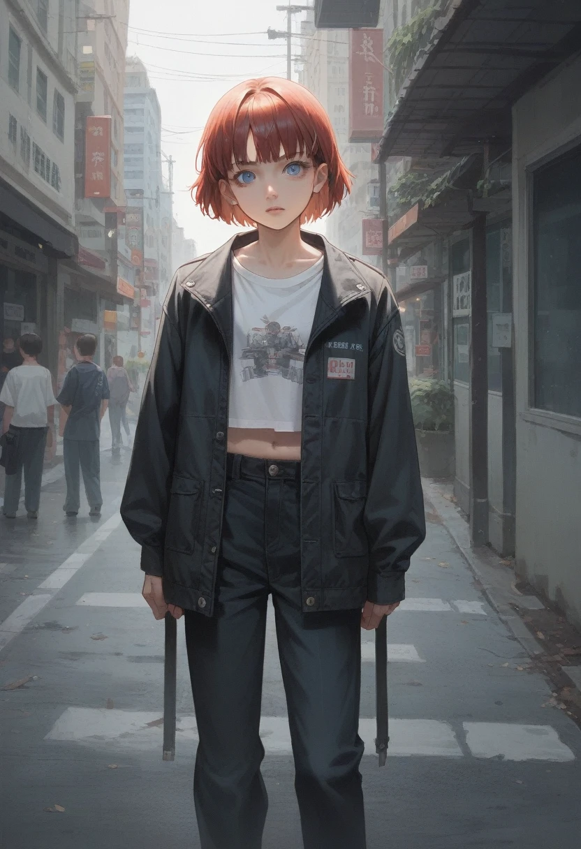 anime girl with red hair and blue eyes in a city, urban girl fanart, anime style character, female protagonist 👀 :8, in anime style, in an anime style, inspired by Rei Kamoi, an edgy teen assassin, very modern anime style, 2 d anime style, gainax anime style, modern anime style, in the art style of 8 0 s anime