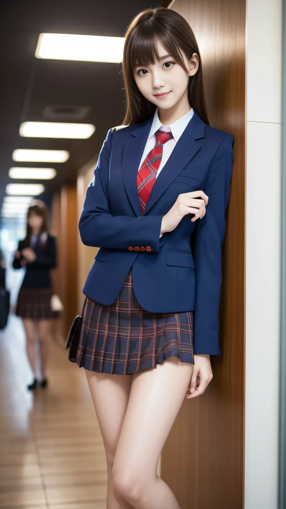 Ultra-high resolution, Superior Quality, Highest quality, Very detailed, Realistic, 8k, RAW Photos, Highest quality, masterpiece, Attractive girl, Awesome girl, Brown Hair, Shoulder-length layers, asymmetrical bangs, K-POPアイドル, Sophisticated, stylish, Shibuya Ward, ((masterpiece)),(((Highest quality))),Thin thighs,Long legs,Girl standing in school corridor,red tie uniform,Dark Blue Blazer,Blue plaid skirt,18-year-old,bangs,A small smile,Random Pause，pretty girl，Slender girl，