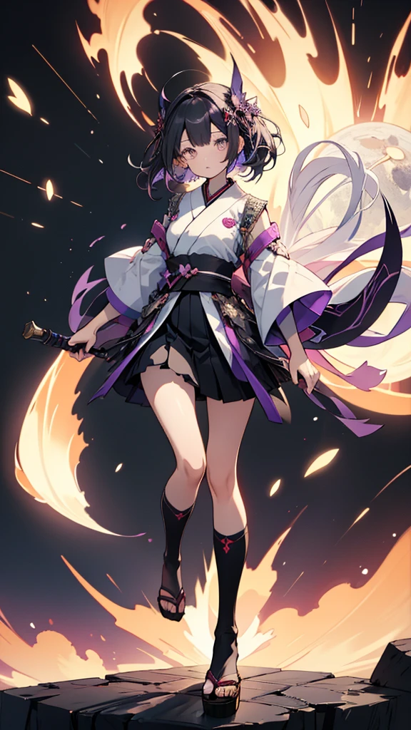 skinny girl, ultra high definition, very detailed, shuriken, shot, bundled hair, whole body, traditional Japanese outfit, short skirt, 23 years old, destroyed planet background, two tone hair (black, purple), Cheng'an, beautiful eyes